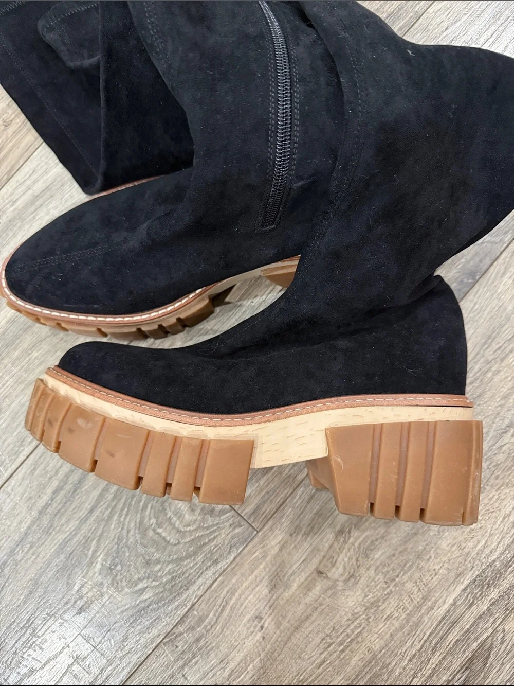 Stella McCartney Black Over-the-Knee Suede-Look Boots with Tan Lug Sole sz 38